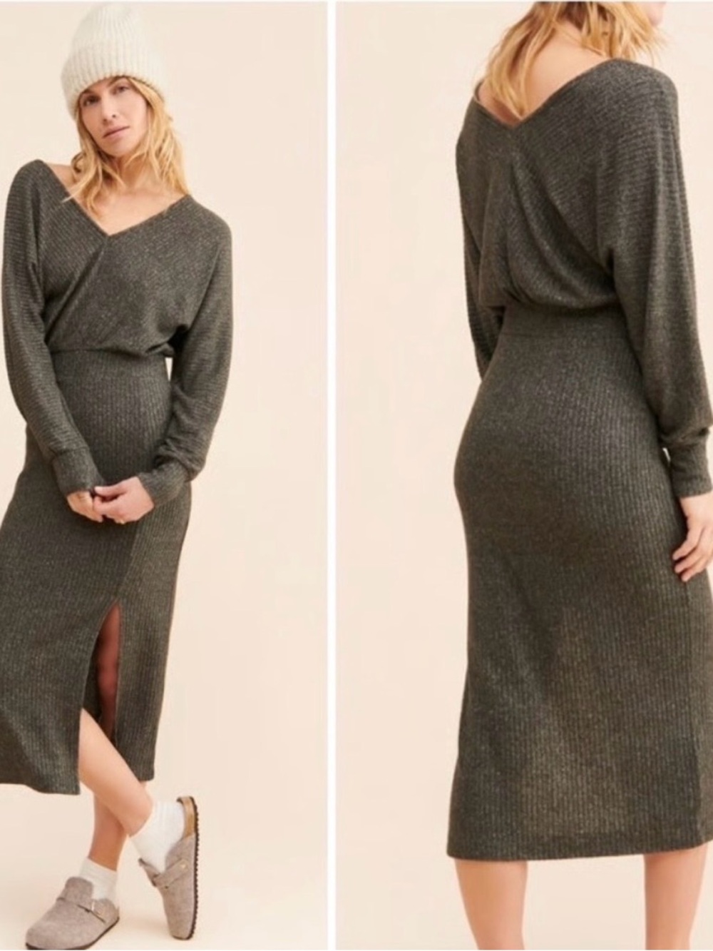 Anthropologie Daily Practice Ribbed Knit Long Sleeve Maxi Dress in Charcoal